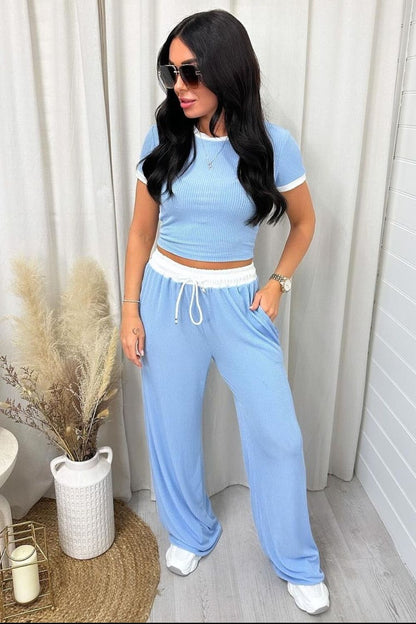 Contrast Trim Round Neck Top and Pants Set