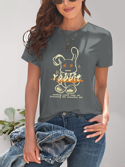Rabbit Graphic Round Neck Short Sleeve T-Shirt - Fashion Finder Hub