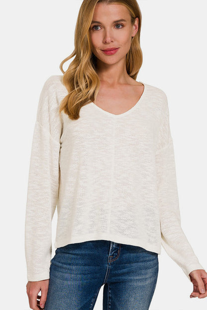 Zenana V-Neck Dropped Shoulder Long Sleeve T-Shirt - Fashion Finder Hub