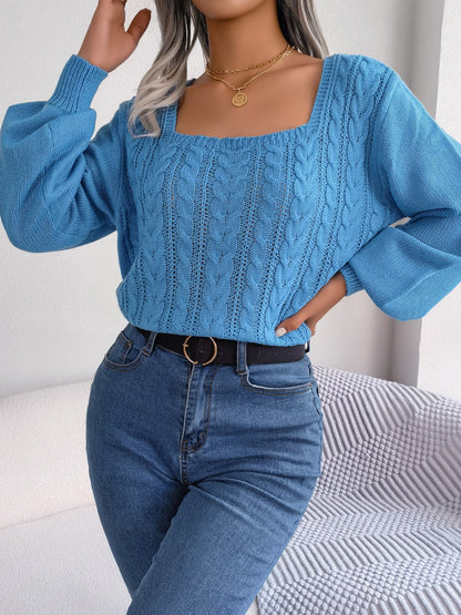 Cable-Knit Square Neck Long Sleeve Sweater - Fashion Finder Hub