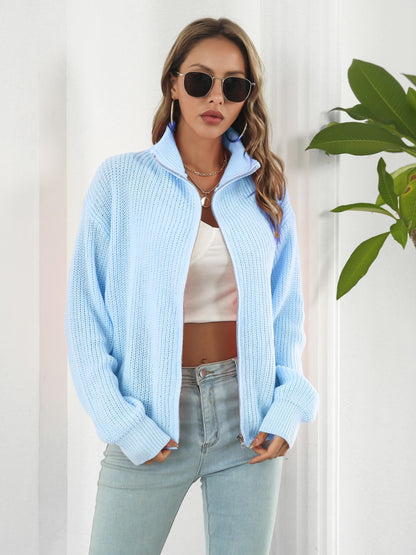 Turtleneck Zip Up Long Sleeve Knit Top - Fashion Finder Hub