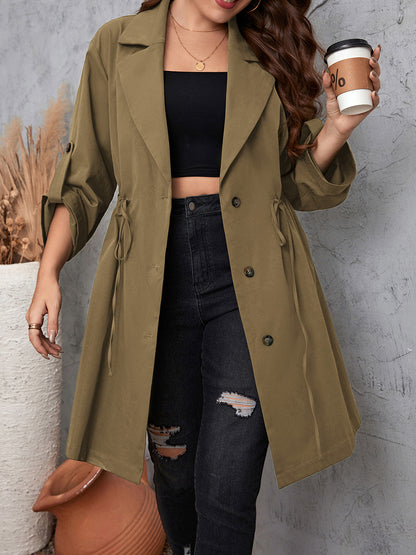 Plus Size Lapel Collar Drawstring Roll-Tab Sleeve Trench Coat - Fashion Finder Hub