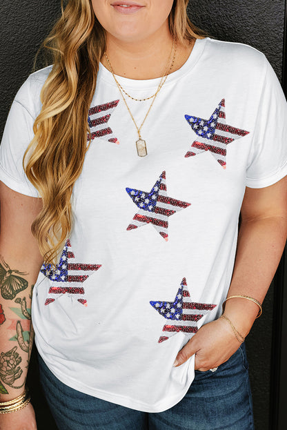 Plus Size Sequin Star Round Neck Short Sleeve T-Shirt - Fashion Finder Hub