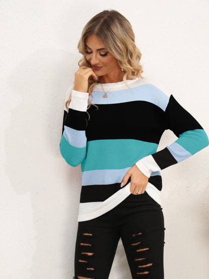 Striped Round Neck Dropped Shoulder Sweater - Fashion Finder Hub