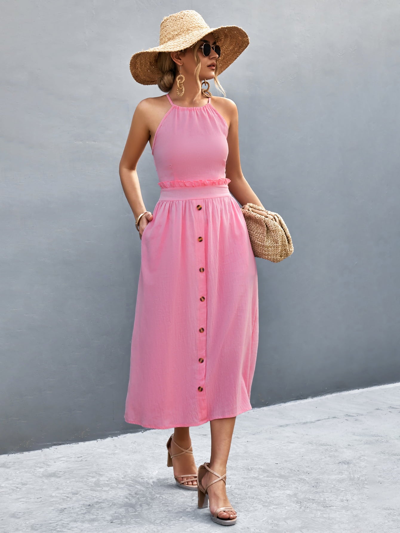 Buttoned Halter Neck Frill Trim Midi Dress - Fashion Finder Hub