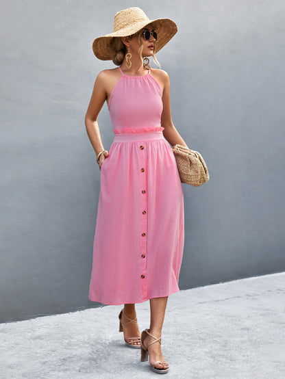 Buttoned Halter Neck Frill Trim Midi Dress - Fashion Finder Hub