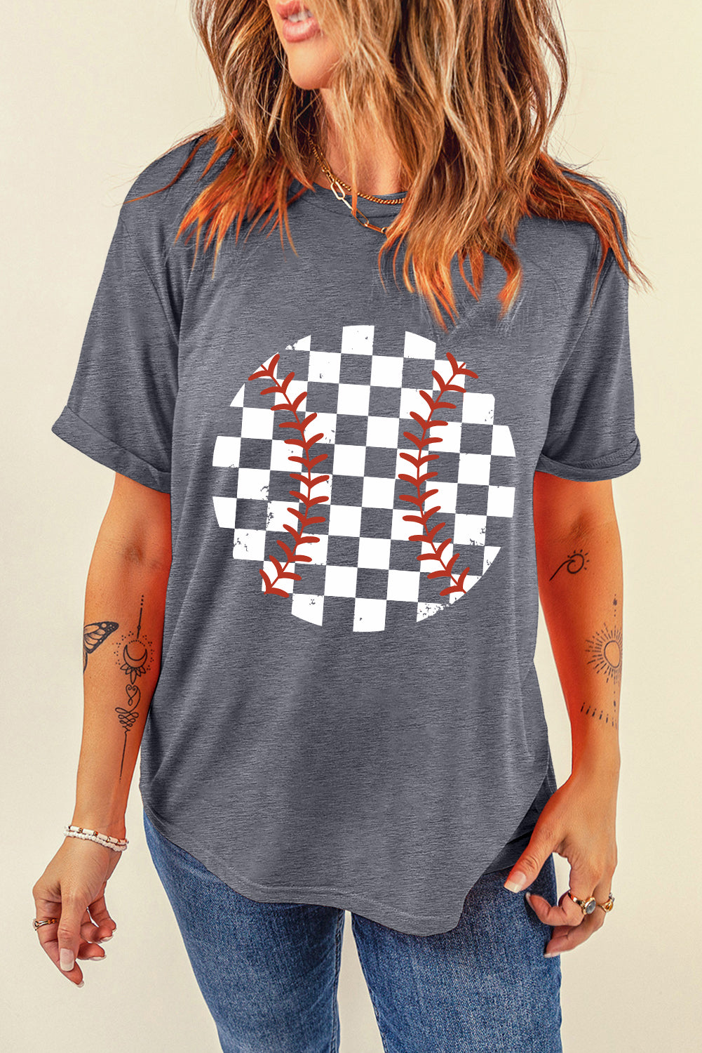 Checkered Graphic Round Neck Short Sleeve T-Shirt - Fashion Finder Hub