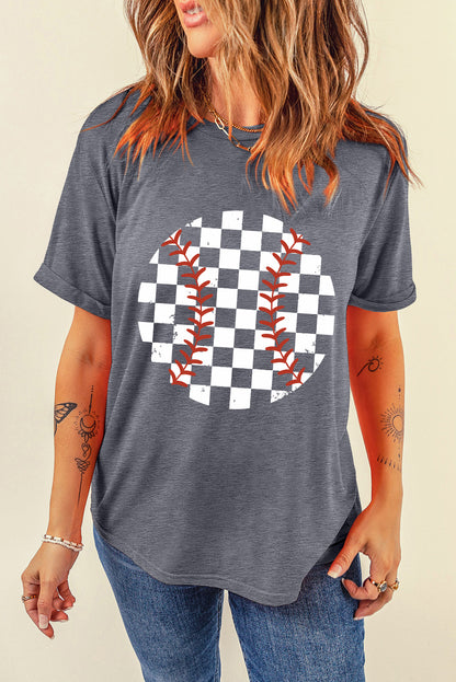 Checkered Graphic Round Neck Short Sleeve T-Shirt - Fashion Finder Hub