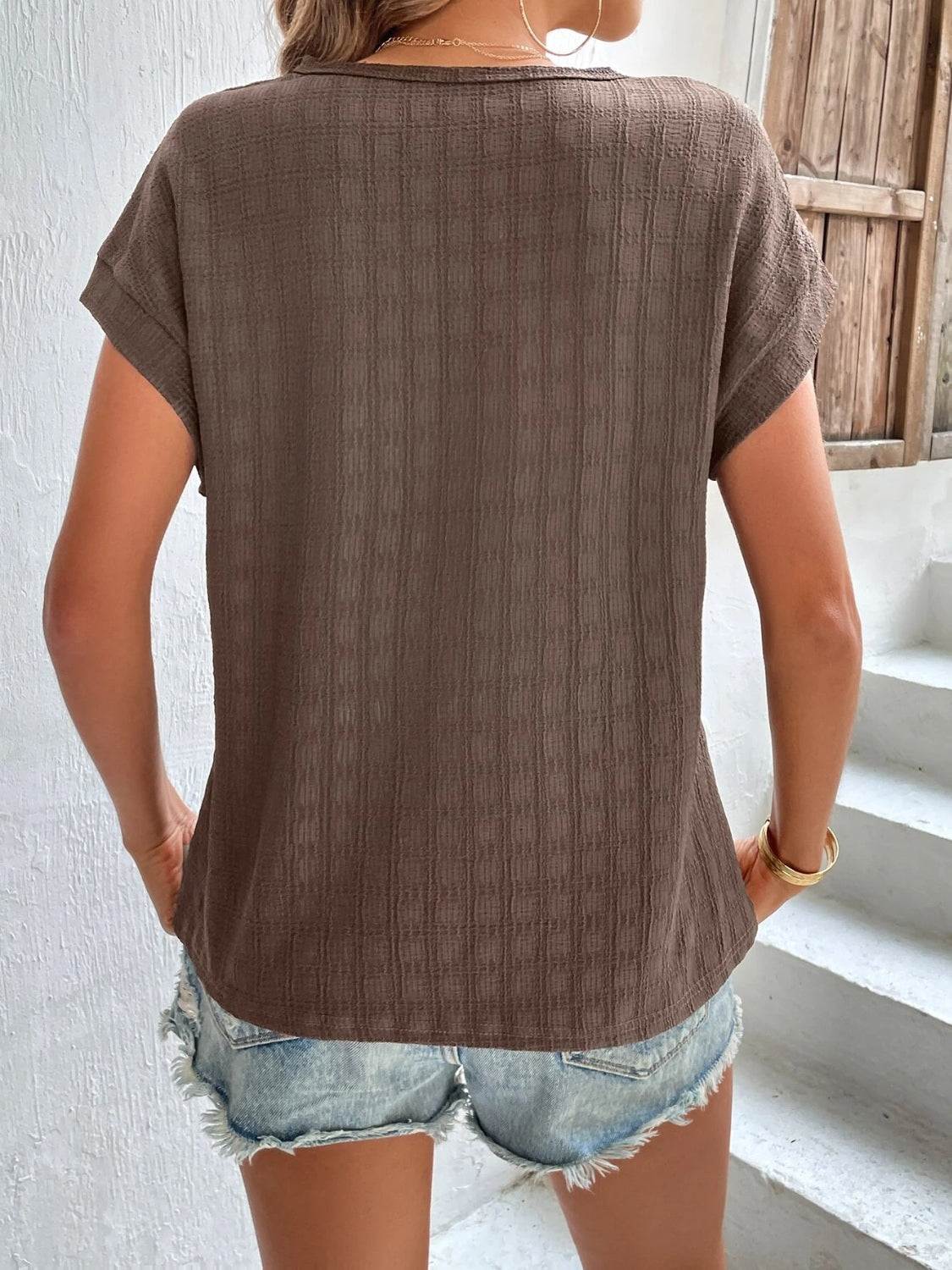 Textured Round Neck Short Sleeve Top - Fashion Finder Hub