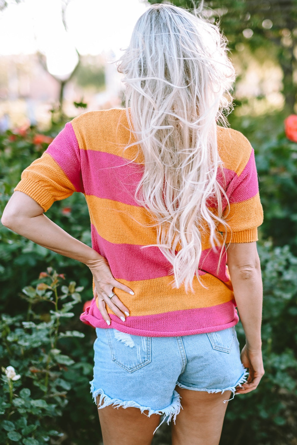 Color Block Round Neck Short Sleeve Knit Top