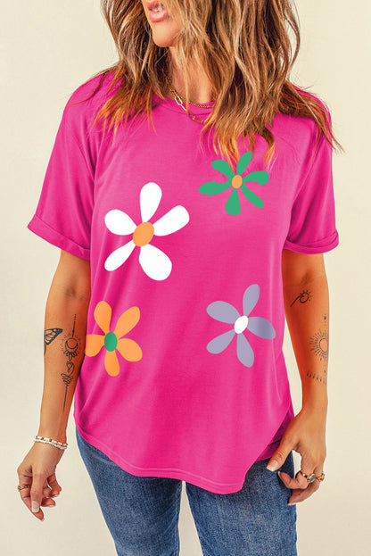 Flower Round Neck Short Sleeve T-Shirt - Fashion Finder Hub