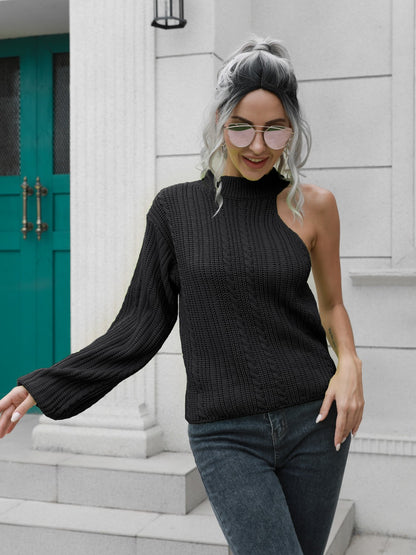 Cable-Knit Round Neck Asymmetrical Sweater - Fashion Finder Hub