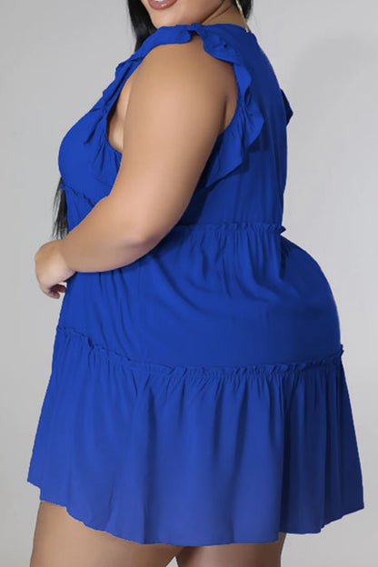 Plus Size V-Neck Frill Trim Mini Dress - Fashion Finder Hub
