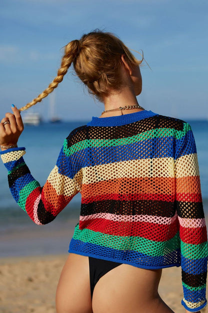 Rainbow Stripe Openwork Long Sleeve Cover-Up - Fashion Finder Hub