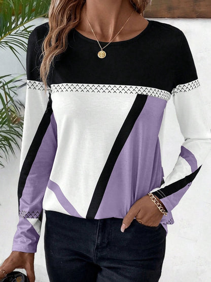 Contrast Round Neck Long Sleeve T-Shirt - Fashion Finder Hub