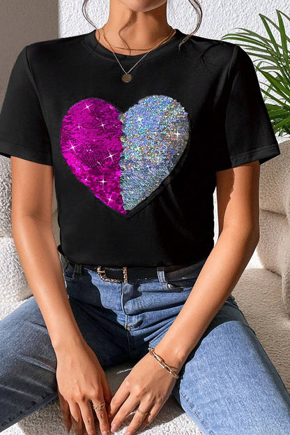 Heart Sequin Round Neck Short Sleeve T-Shirt - Fashion Finder Hub