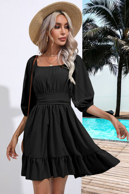 Square Neck Tie Back Ruffle Hem Dress - Fashion Finder Hub