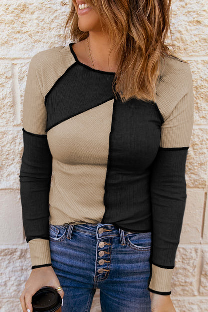 Color Block Round Neck Long Sleeve T-Shirt - Fashion Finder Hub