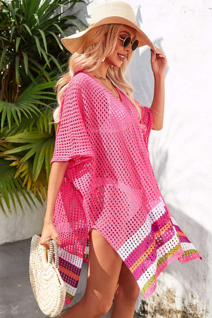 Rainbow Stripe Openwork Slit Cover-Up - Fashion Finder Hub