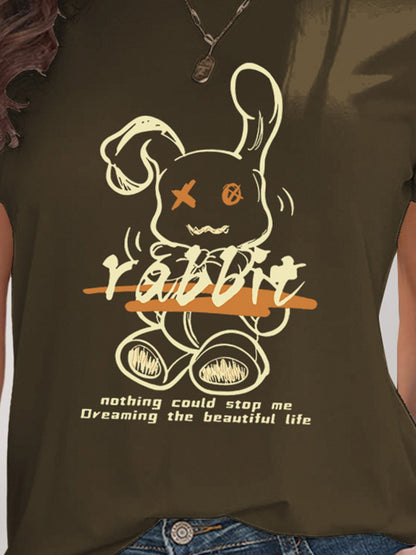 Rabbit Graphic Round Neck Short Sleeve T-Shirt - Fashion Finder Hub