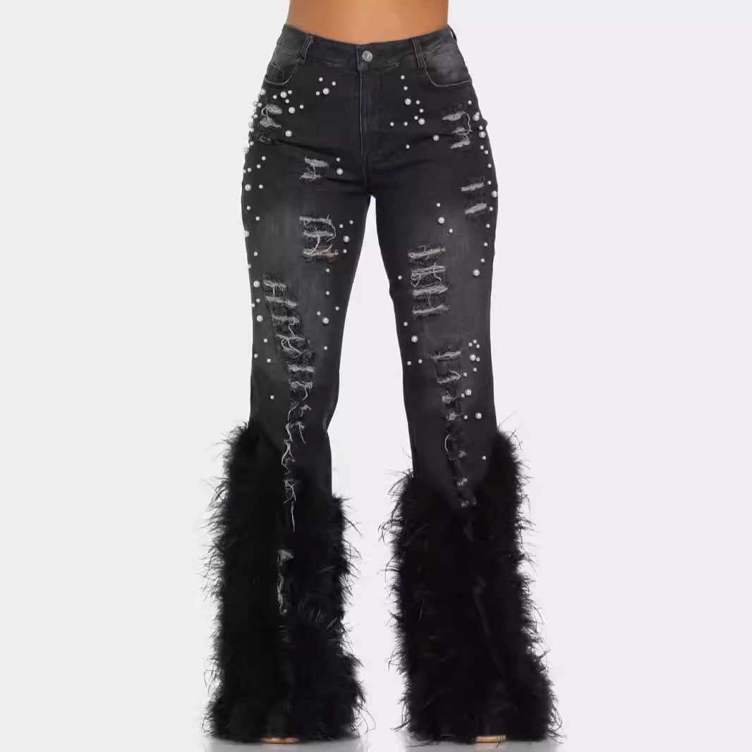 Abby Artificial Wool Ripped Beaded Stretch Jeans