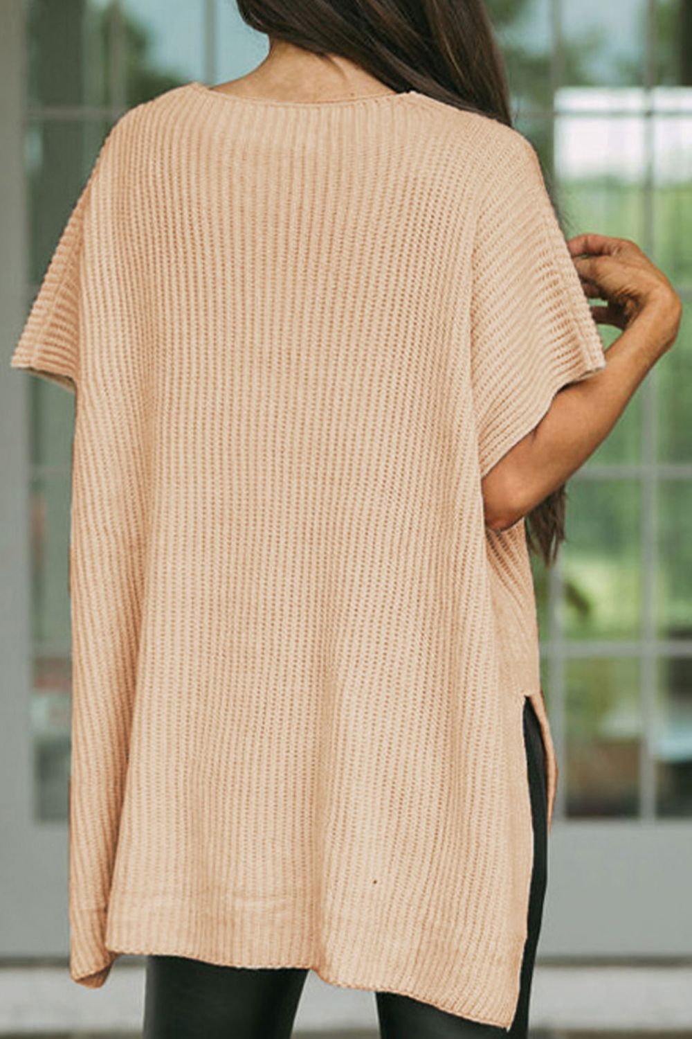 Waffle-Knit Slit Short Sleeve Sweater - Fashion Finder Hub