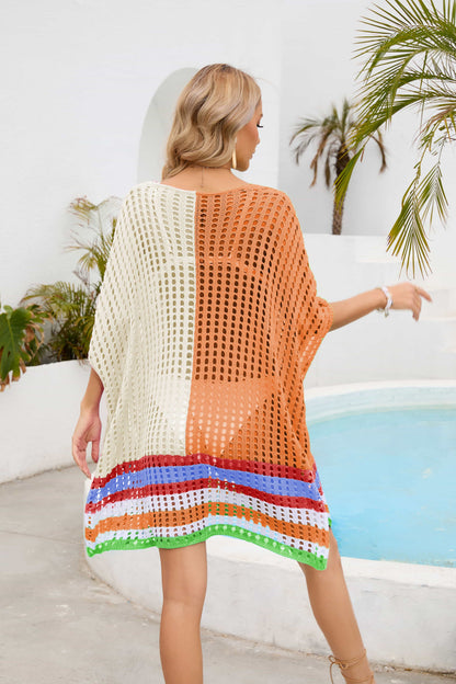 Contrast Scoop Neck Openwork Half Sleeve Cover Up - Fashion Finder Hub
