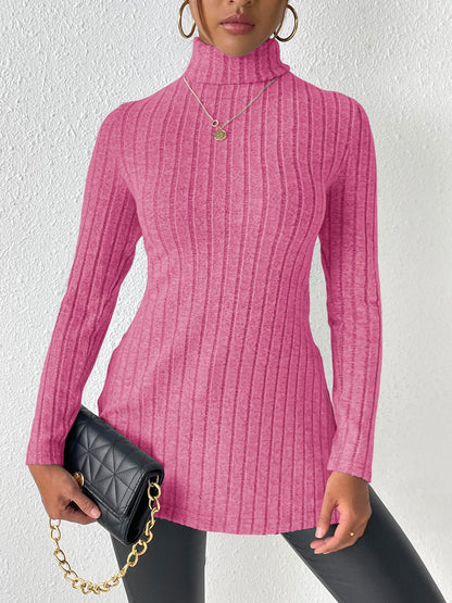 Ribbed Turtleneck Long Sleeve Slit T-Shirt - Fashion Finder Hub