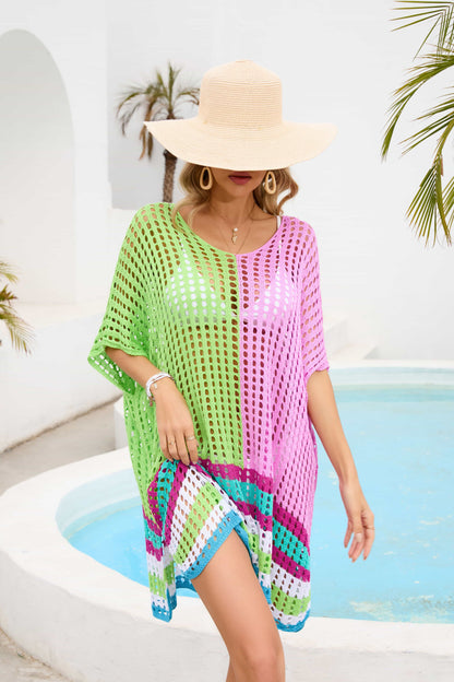 Contrast Scoop Neck Openwork Half Sleeve Cover Up - Fashion Finder Hub