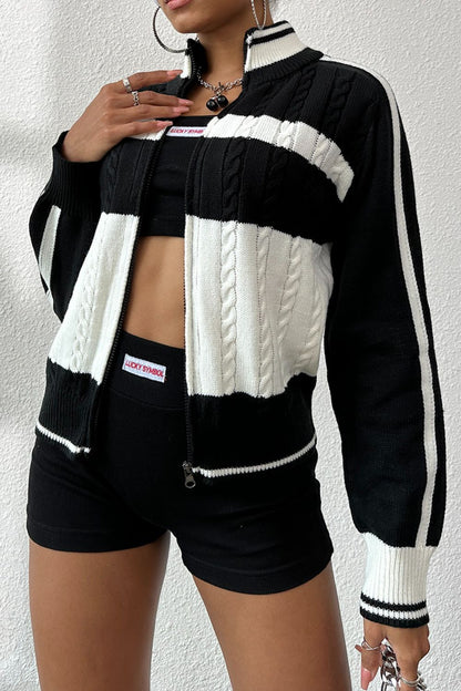 Cable-Knit Color Block Raglan Sleeve Cardigan - Fashion Finder Hub