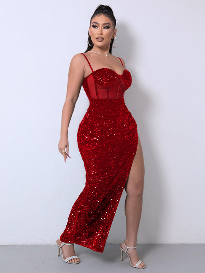 Sequin Spliced Mesh Adjustable Strap Dress - Fashion Finder Hub