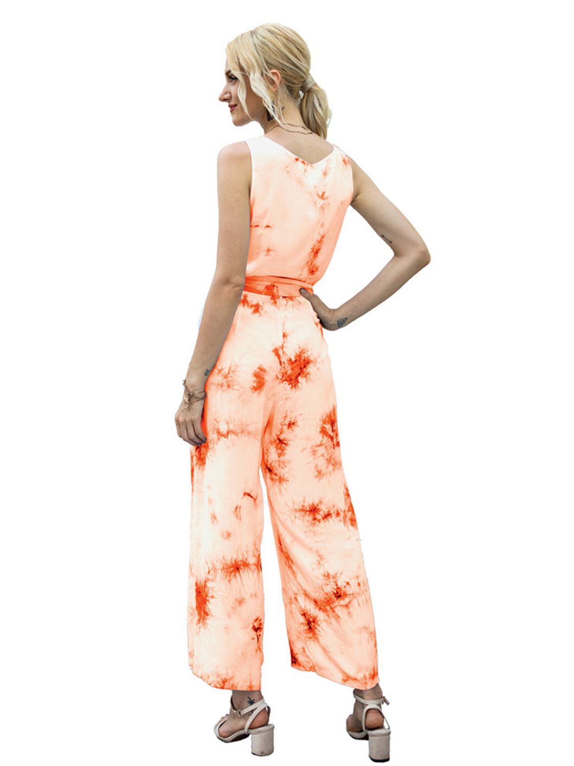 Tie-Dye Tie Waist Sleeveless Jumpsuit