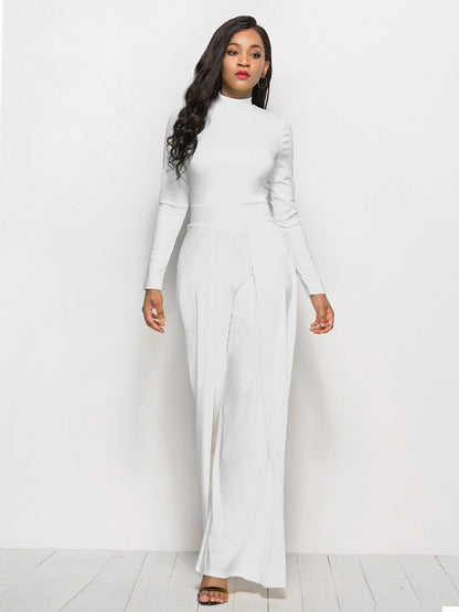 Long Sleeve Mock Neck Wide Leg Jumpsuit - Fashion Finder Hub