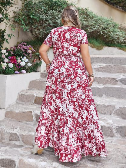Plus Size Slit Printed V-Neck Maxi Dress - Fashion Finder Hub