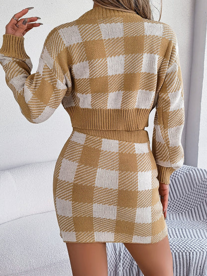 Plaid Round Neck Top and Skirt Sweater Set - Fashion Finder Hub
