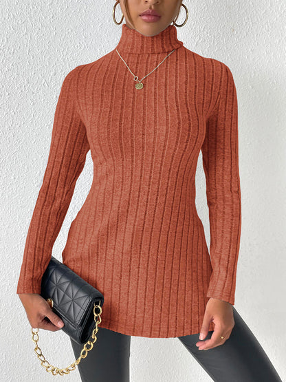 Ribbed Turtleneck Long Sleeve Slit T-Shirt - Fashion Finder Hub