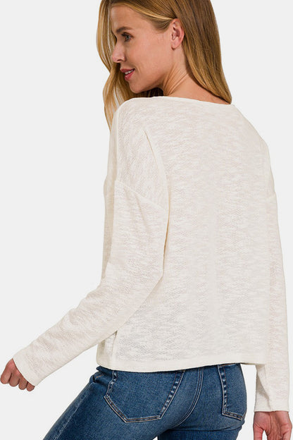 Zenana V-Neck Dropped Shoulder Long Sleeve T-Shirt - Fashion Finder Hub