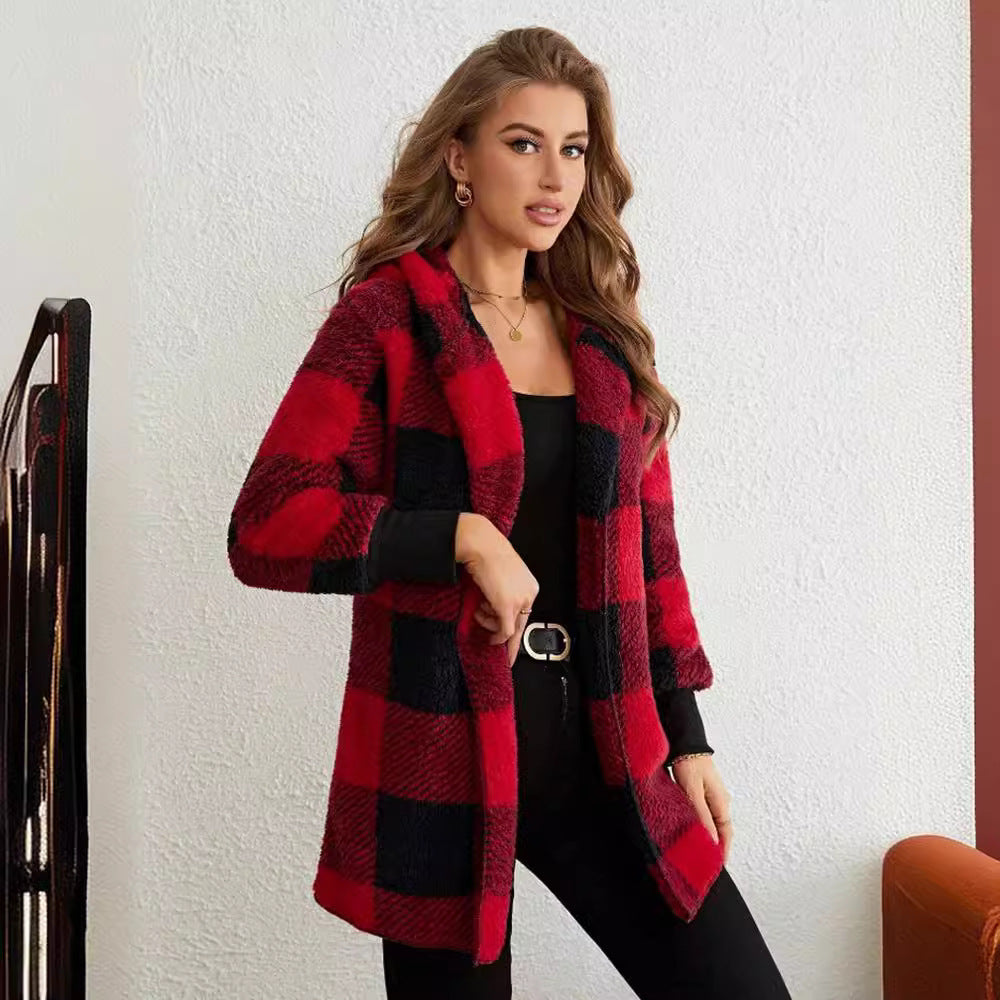 Loose Plaid Color Stitching Knitted Cardigan Sweater