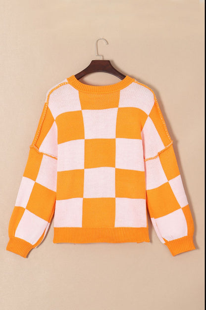 Checkered Exposed Seam Drooped Shoulder Sweater - Fashion Finder Hub