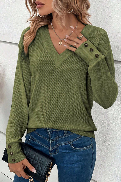 Decorative Button V-Neck Long Sleeve T-Shirt - Fashion Finder Hub