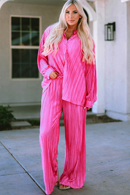 Pleated Button Up Shirt and Wide-Leg Pants Set - Fashion Finder Hub