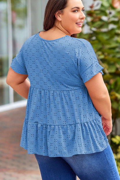 Plus Size Eyelet Round Neck Short Sleeve Blouse - Fashion Finder Hub