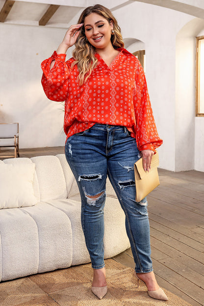 Plus Size Printed Johnny Collar Long Sleeve Blouse - Fashion Finder Hub