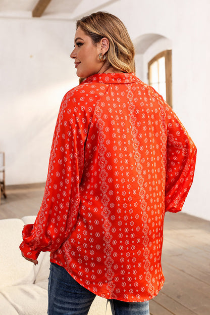 Plus Size Printed Johnny Collar Long Sleeve Blouse - Fashion Finder Hub