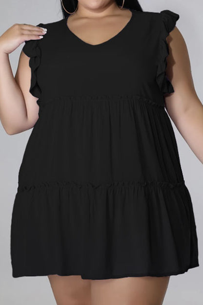 Plus Size V-Neck Frill Trim Mini Dress - Fashion Finder Hub