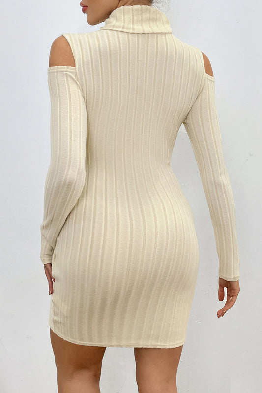 Ribbed Turtleneck Cold Shoulder Long Sleeve Mini Dress - Fashion Finder Hub