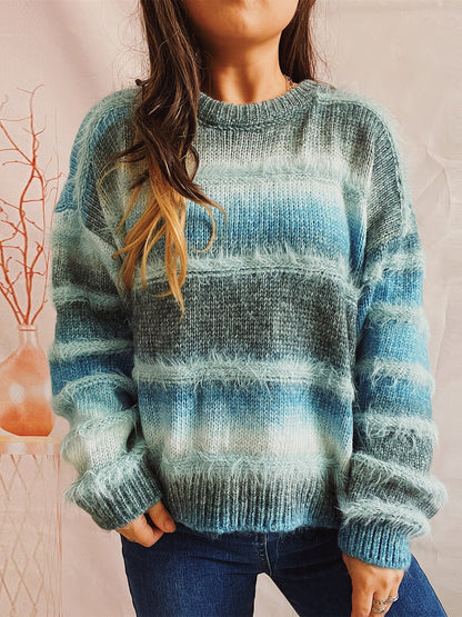 Striped Round Neck Long Sleeve Sweater - Fashion Finder Hub