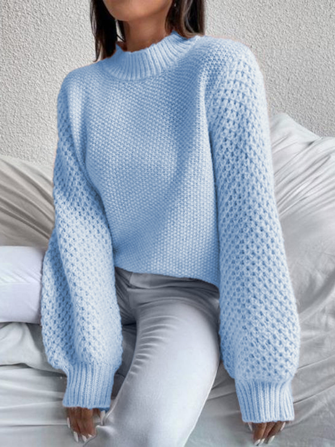 Openwork Mock Neck Long Sleeve Sweater - Fashion Finder Hub