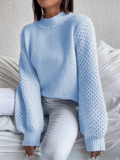 Openwork Mock Neck Long Sleeve Sweater - Fashion Finder Hub
