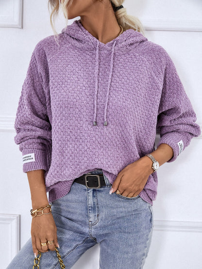 Texture Drawstring Long Sleeve Hooded Sweater - Fashion Finder Hub